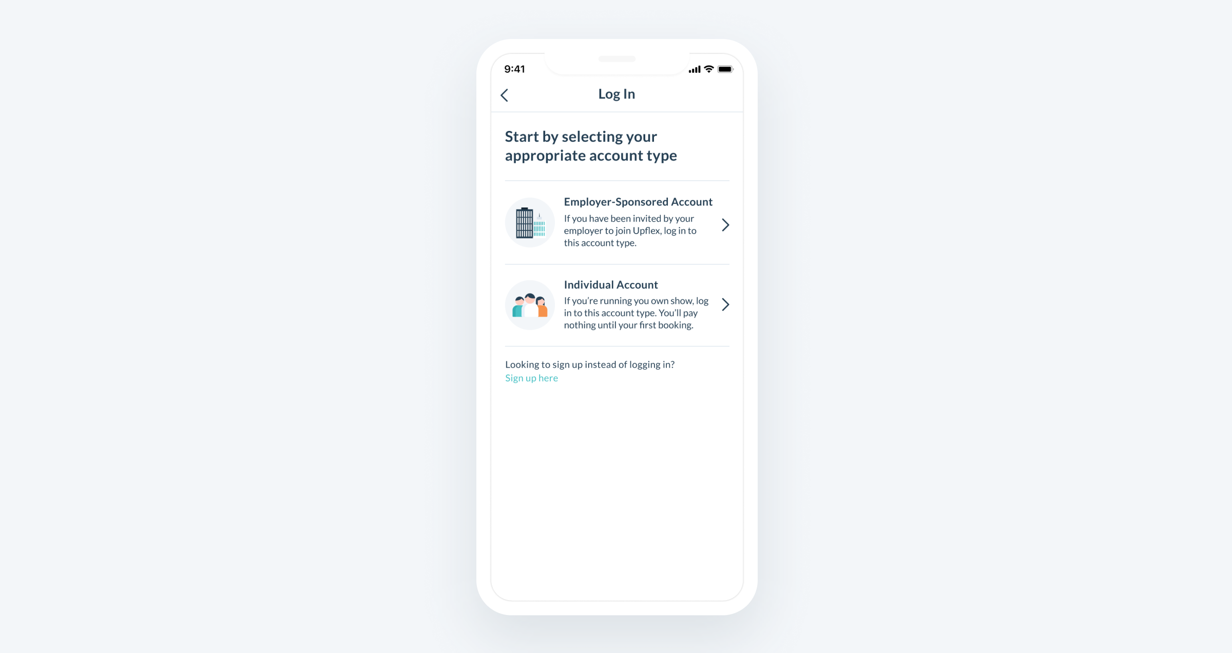 App screen asking user to choose between Employer-Sponsored Account and Individual Account.